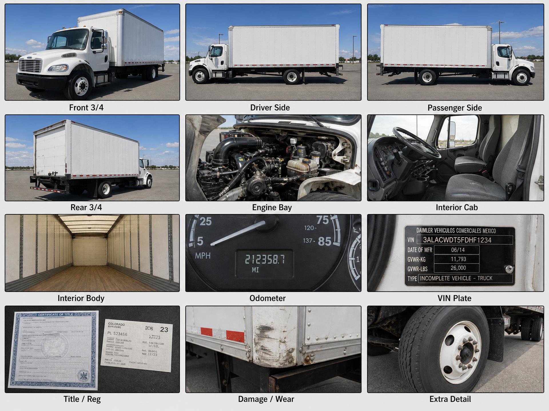 Reference showing example trade-in photos of a box truck: all four corners, engine bay, interior cab, interior body, odometer, VIN plate, title, damage, and extra detail.